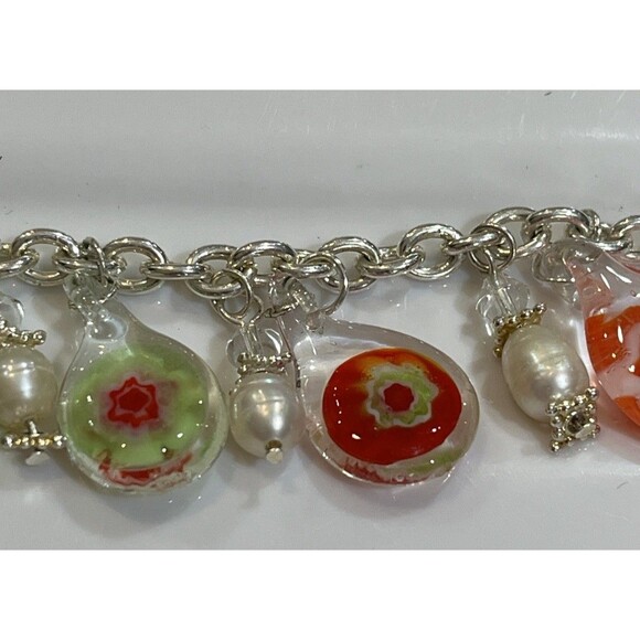 MURANO Glass Red & Green Fresh Water Pearl Charm Bracelet 7in - Picture 6 of 9